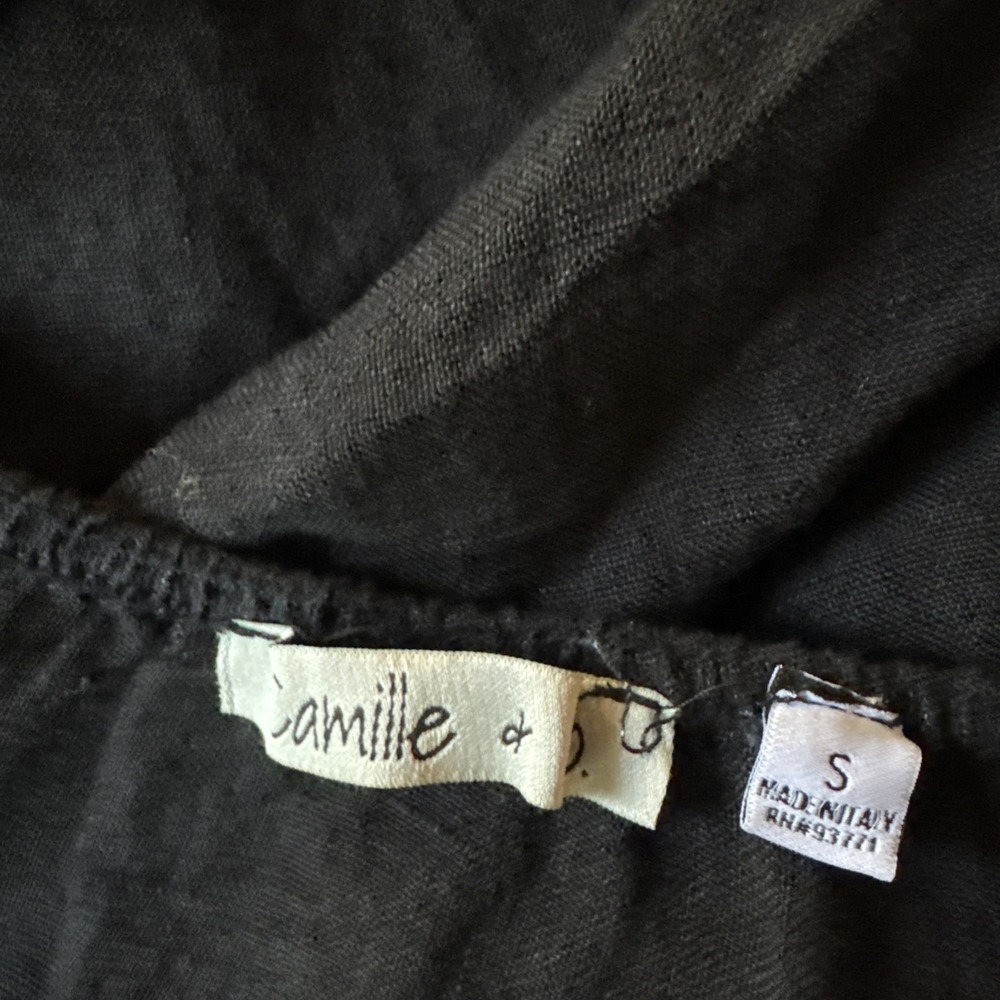 Camille &Co Black Linen Peasant Style Dress Size S Ruffle Staggered Hemline - Picture 5 of 6